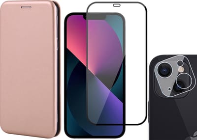 Hoesje geschikt voor iPhone 13 - Portemonnee Book Case - Roségoud - Met Full Screenprotector en Camera Screen Protector