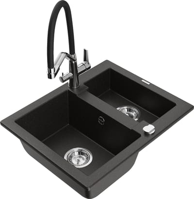 Mexen Carlos granieten gootsteen 1,5-kamer met keukenmengkraan Duo, zwart/goud metallic - 6518-75-671701-07