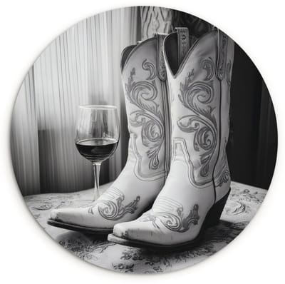 WallCircle® Wandcirkel 120x120 cm - Muurcirkel Wijn - Cowboylaarzen - Raamlicht - Wit - Muurdecoratie woonkamer - Wanddecoratie slaapkamer - Kamer decoratie accessoires - Ronde schilderijen XXL
