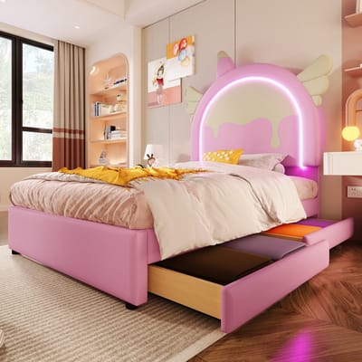 MIVRAY Gestoffeerd Bed 90x200cm Zonder Matras - Eenhoornvorm Met Lichtstrip En 2 Lades - Kinderbed Voor Slaapkamer - PU - Roze