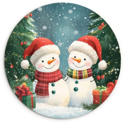 WallCircle® Wandcirkel 120x120 cm - Muurcirkel Sneeuwpop - Kerstsneeuw - Groen - Rood - Muurdecoratie woonkamer - Wanddecoratie slaapkamer - Kamer decoratie accessoires - Ronde schilderijen XXL