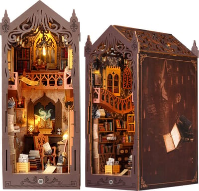 Meedeer DIY Book Nook poppenhuis kit-Houten poppenhuis met stofbescherming-Met sensorlicht-Magische houten Book Nook-Modelbouwset voor volwassene- mini-bibliotheek creatieve kamer-verjaardagscadeau (Magic bibliotheek)