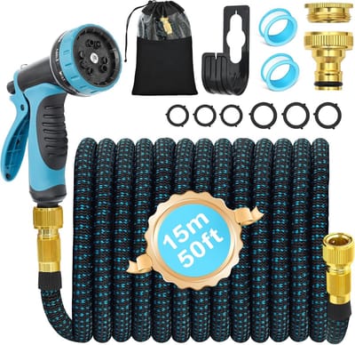 Flexibele tuinslang - Rekbare waterslang - Tuin water geven - Messing aansluitingen - 15 meter - Blauw