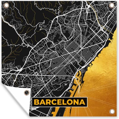 Tuin poster Barcelona - Stadskaart - Plattegrond - Kaart - Goud - 200x200 cm - Tuindoek
