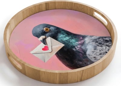 Dienblad rond 40x40 cm - Schootdienblad hout - Duif - Envelop - Roze - Close up - Borrelplank rechthoek - Plateau houten dienbladen