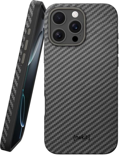 NEKIT Fiber Pro Hoesje Geschikt voor Apple iPhone 16 Pro - Compatibel met MagSafe en Qi2 - High-Tech Kevlar en TPU - Back Cover Dun - Grijs/Zwart