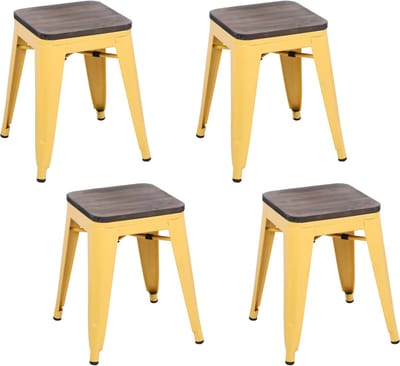 "LIV" SET VAN 4 GELE MAT METALEN KRUKKEN MET HOUTEN ZITTING 39X39XH46CM