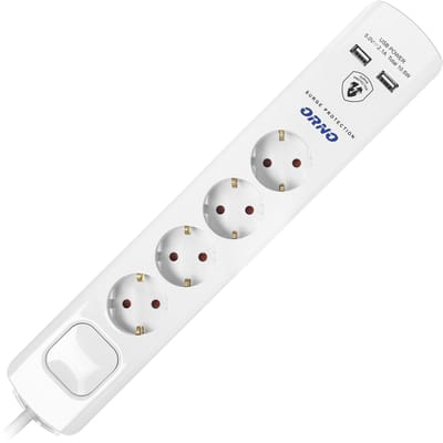 Orno Design stekkerdoos - Verdeelstekker horizontaal met 3 meter kabel - Stekkerblok met 4 schuko uitgangen en 2 x USB 2.1A - Wit