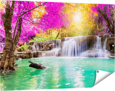 Gards Tuinposter Waterval met Groen Water en Roze Bladeren - 120x80 cm - Tuindoek - Tuindecoratie - Wanddecoratie buiten - Tuinschilderij