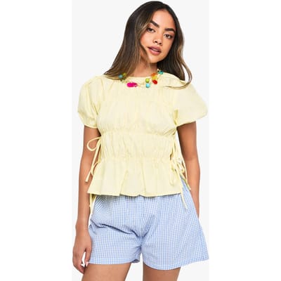 boohoo Dames Gerafeld poplin, smock met zijstrik | Lemon | Maat: 6