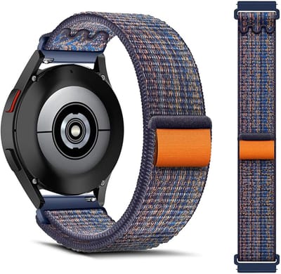 Stravo 20mm Nylon Sportbandje met Klittenband – Ademend Loop Bandje – Geschikt voor Samsung Galaxy Watch 7 (40/44mm) / 6 (Classic) / 5 (Pro) / 4 (Classic) / FE – Voor Garmin Vivoactive 5 / Venu Sq 2 / Forerunner 245 / Vivomove – Blauw / Oranje