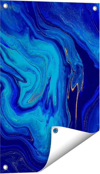Gards Tuinposter Abstracte Kunst - Blauw met Gouden Verf - 40x60 cm - Tuindoek - Tuindecoratie - Wanddecoratie buiten - Tuinschilderij