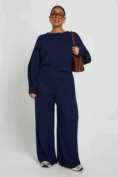 boohoo Dames Plus geribbeld cardigan met knoopsluiting en wijde broek | Marineblauw | Maat: 56