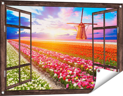 Gards Tuinposter Doorkijk Kleurrijke Bloemenveld met een Windmolen - 90x60 cm - Tuindoek - Tuindecoratie - Wanddecoratie buiten - Tuinschilderij