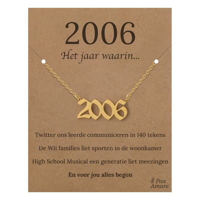 Jaartal 2006 Ketting op Cadeau Kaartje - Goudkleurig Stainless Steel - 45cm - Met informatie over geboortejaar - Pax Amare