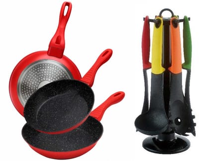 Cheffinger Koekenpannen - Set van 3 - Incl. Keukengerei Set - 7-delig - Rood