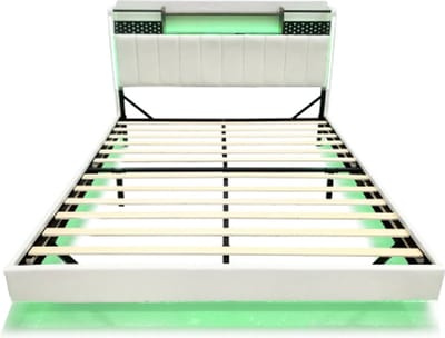 Gotagee Gestoffeerd bed 160x200 met USB-oplader en LED-verlichting, hoofdbord met opbergruimte, zwevend bed, Leinen