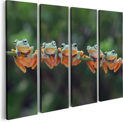 Artaza Canvas Schilderij Vierluik Groep Kikkers op een Tak - 80x60 - Foto Op Canvas - Canvas Print