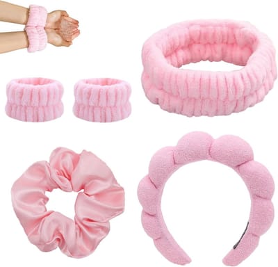 Set van 5 Schattige Make-up Hoofdbanden met Polsband en Spons voor Make-up Verwijdering, Douche en Gezichtsmasker