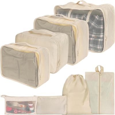 Famanu – Reisorganizer set (8 stuks) - multifunctionele packing cubes voor koffer - compressie opbergzakken voor kleding - toiletartikelen en reisbenodigdheden - waterafstotend - crème