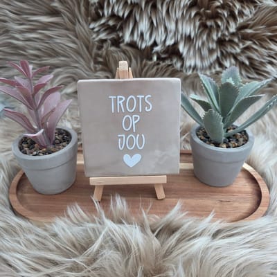 Robuust Wenstegeltje “Trots op Jou” – 10x10cm – Lief Cadeautegeltje met Hartje – Trendy nu – Geslaagd – vriend(in), familie, gezin, zomaar – Decoratief Tegeltje met Standaard – Cadeau Idee