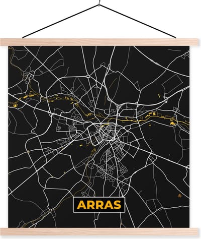 Posterhanger incl. Poster 40x40 cm - Schoolplaat - Plattegrond – Kaart – Stadskaart – Frankrijk – Arras - Textielposter - Blanke latten - Stadskaart