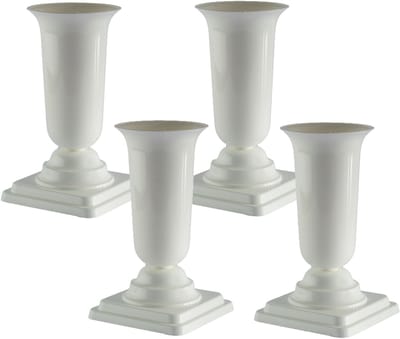 Form Plastic Grafvaas - 4x - kunststof - wit - H40 cm - decoratie - bloemenvaas voor op een herdenkingsplaats/kerkhof - op sokkel