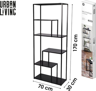 “MADISON” boekenkast met 6 niveaus met zwarte metalen structuur 70 x 30 x H170 cm