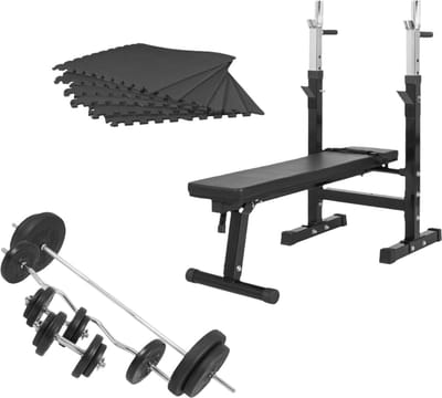 Gorilla Sports Halterbank zwart met 100 kg halterset - Fitnessbank - Verstelbaar - Halterstang met gewichten - Puzzelmat