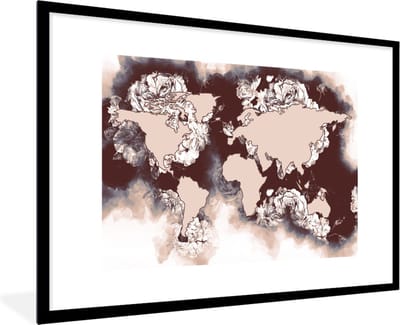 Poster in lijst - Fotolijst 90x60 cm - Posters - Wereldkaart - Bruin - Rozen - Posterlijst zwart - Decoratie - Wanddecoratie woonkamer - Muurdecoratie slaapkamer