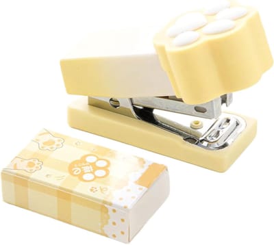 Mini Nietmachine - Kantoor Accessoire - Papier Binden - Leuk Kattenpoot Design - 2-15 Vel - Geel
