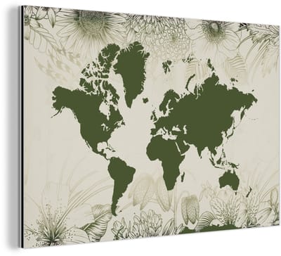 Aluminium schilderij 150x100 cm - Wanddecoratie metaal - Wereldkaart - Bloemen - Groen - Metalen muurdecoratie woonkamer - Decoratie industrieel - Foto op dibond - Industriële accessoires slaapkamer