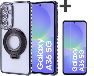 Hoesje met Ringhouder Geschikt voor Samsung Galaxy A36 met Diamant Glitters en Gehard Glas Screenprotector – Arara Backcover - Zwart