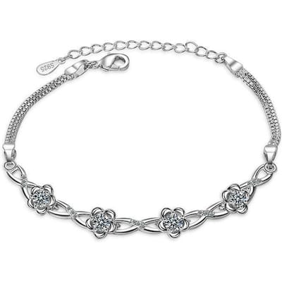 925 Sterling Zilveren Dubbellaagse Kristallen Bloem Bedelarmband & Bangle voor Dames Verstelbare Schakelketting Bruiloft Sieraden SL075 white