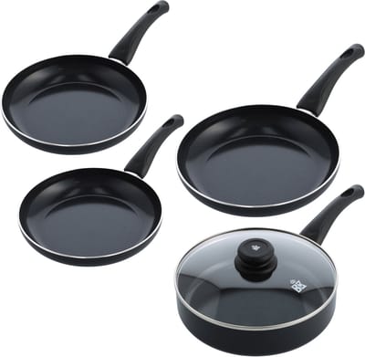 BK Brilliant 4-delige pannenset - 3 Koekenpannen 20/24/28cm + Hapjespan 24cm met Deksel - PFAS-vrije Antikleeflaag - Inductie Geschikt - Vaatwasserbestendig - Zwart