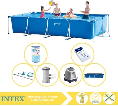 Intex Rechthoekig Frame Zwembad - 450 x 220 x 84 cm - Blauw - Inclusief Afdekzeil - Zwembadfilterpomp - Filter - Schoonmaakset - Zoutwatersysteem - Zwembadzout - 7-delig