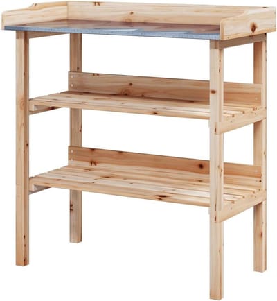 Plantentafel met schappen - Oppottafel Tuinwerktafel - Tuinieren en planten verzorgen - Massief Vurenhout Zink Deksel - 78x38x825 cm - Naturel