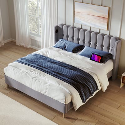 MEUNIQ tweepersoons bedframe 160 x 200 cm met lattenbodem, gestoffeerd hoofdbord, USB en USB-C laadfunctie, grijs, voor slaapkamer of logeerkamer
