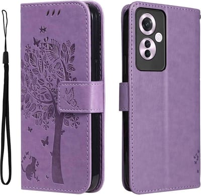 Geschikt voor Oppo Reno 11 F 5G - Portemonnee en Kaartsleuven - Magnetische Sluiting - Reliëfpatroon Boom - Book Case Hoesje - Paars