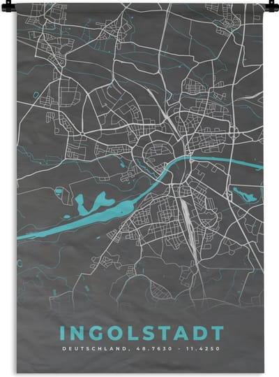 Wandkleed - Wanddoek - Duitsland – Blauw – Ingolstadt – Stadskaart – Kaart – Plattegrond - 120x180 cm - Wandtapijt