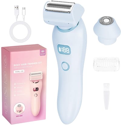 carmdering - Dames Trimmer - Elektrische Trimmer - Bikini Trimmer - Blauw, 3 zwevende messen, anti-allergisch - IPX7 waterdicht, oplaadbaar (2 uur = 80 min) - Voor bikinilijn, gezicht, oksels en benen - Incl. opbergtas en USB-kabel