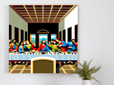 Pixel art laatste avondmaal schilderij | Het Laatste Avondmaal herschapen met kleurrijke pixels in kunstwerk | Kunst - 60x60 centimeter op Canvas | Foto op Canvas