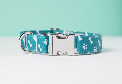 Awesome Paws halsband hond - Honden Halsband Paw & Bone - Pootjes en Botjes - Teal - Handmade | Maat L