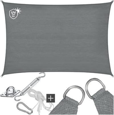 tectake® Rechthoekig Schaduwdoek Sunny - 2 x 3 m - Extra Stevig 185 g/m² HDPE Zonwering Doek - 50+ UV Bescherming - Weerbestendig en Scheurbestendig - Zonnescherm voor Tuin, Balkon, Terras - Zonnedoek inclusief Montagemateriaal - Grijs
