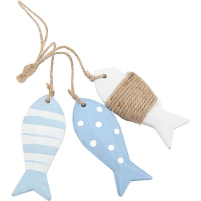 Décoration de poissons en bois, style marin, motif ondulé blanc, 3 petits poissons sculptés antiques en bois de pin, poissons suspendus en bois beige