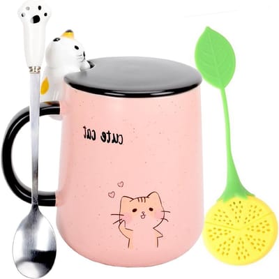 Schattige keramische kattenmok met deksel en lepel, ideaal voor koffie, thee en als cadeau voor verjaardagen en feestdagen, 400 ml