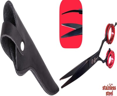 Professionele Hondenschaar – Ergonomische Kromme Trimschaar – Zwart/Rood – Voor Vacht- & Pootverzorging van Langharige Honden – Inclusief Luxe Lederen Etui – 16,5 cm – Zwart