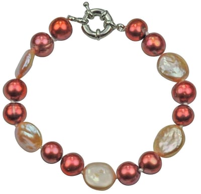 Zoetwater parel armband Red Pearl Peach Coin - echte parels - rood - zalm - oranje - zilver - luxe sieraden zakje - parel armband - zoetwaterparel