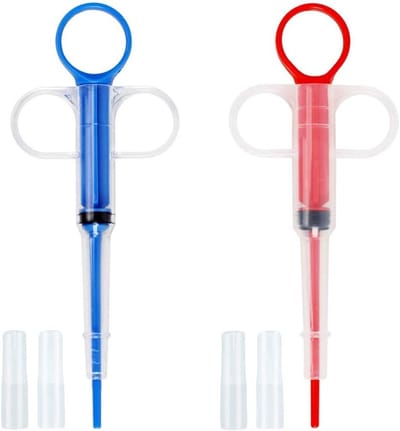 Tablets Giver voor Huisdieren - Pusher Spuit voor Pillen en Tabletten met Zachte Punt voor Katten en Honden - Set van 2 Stuks in Rood en Blauw