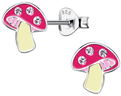 Joy|S - Zilveren paddenstoel oorbellen - 8 mm - roze met kristal - rhodium / gehodineerd - kinderoorbellen